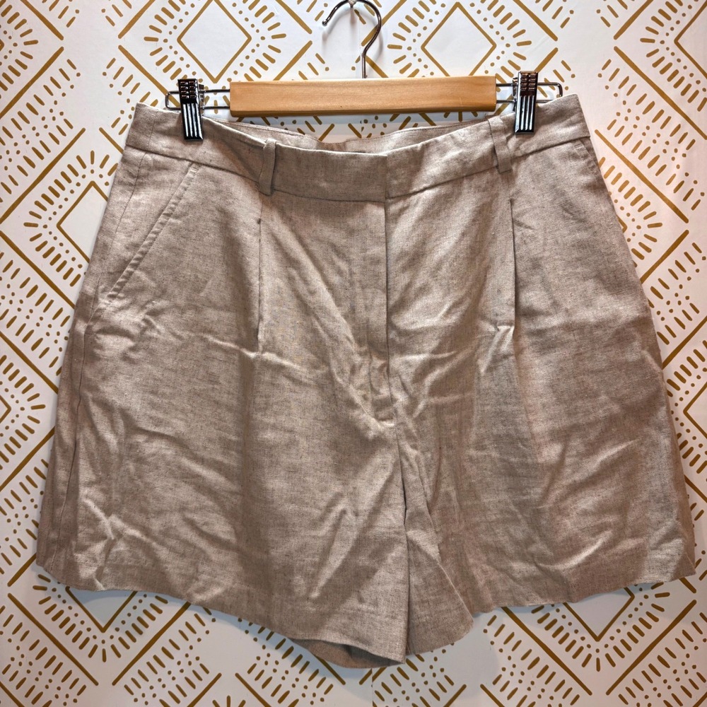 Zara Shorts‎ Women L Beige Linen Blend High Waisted Pleated Front Tailored